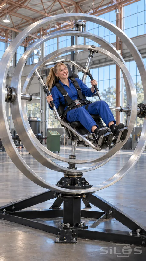 A smiling woman in a blue flight suit sits secured inside a tilted training gyroscope with large metal rings.