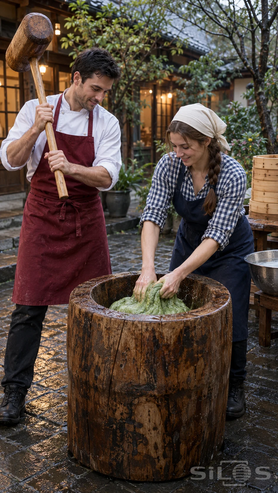 Two adult cooks pause during green mochi making, with one folding dough in a wooden mortar and the other holding a mallet upright.