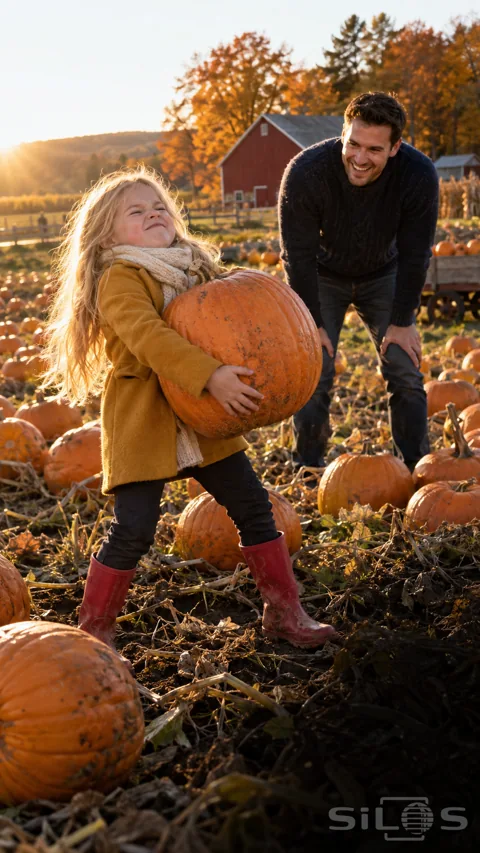 A blonde girl in a mustard coat and red boots holds a large pumpkin while her smiling father bends beside her in an autumn patch.