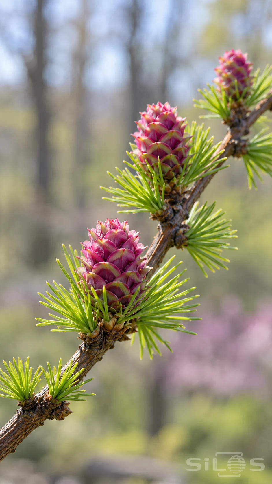 Three pink larch cones rise along a diagonal woody twig among bright green spring needles against softly blurred tree trunks.