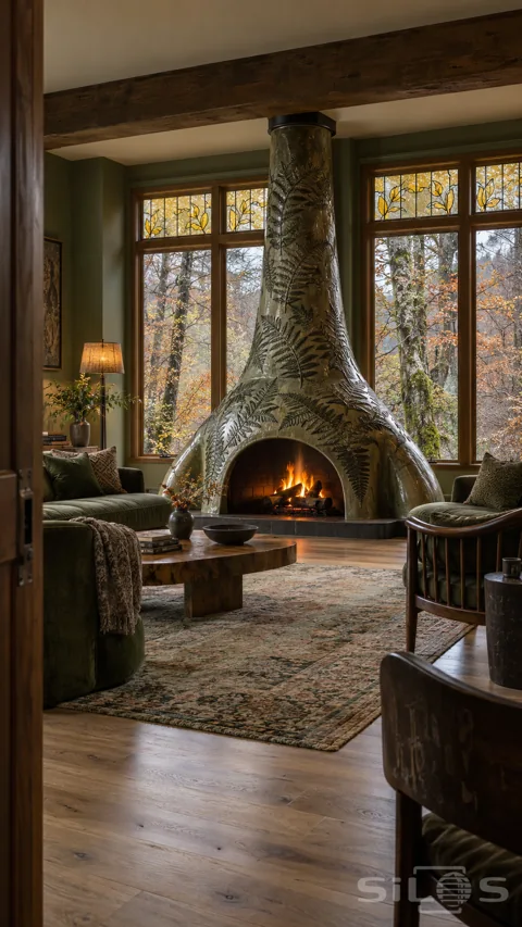 A tapering olive ceramic fireplace covered in fern patterns stands between green sofas and tall woodland windows.