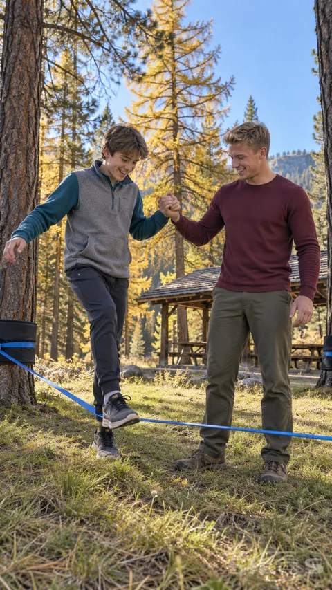 Two brothers laugh during a slackline dismount beside blue webbing between padded trees.