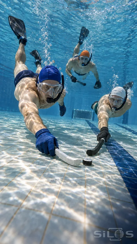 Underwater hockey action with three adult masked players reaching short hockey sticks toward a puck near the tiled pool floor.