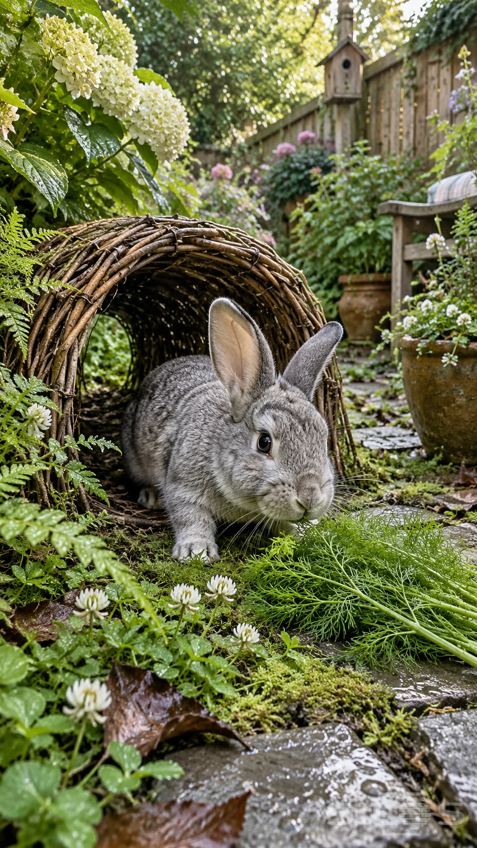 A gray rabbit emerges from a woven willow tunnel toward a green frond among clover and moss in a wet garden.