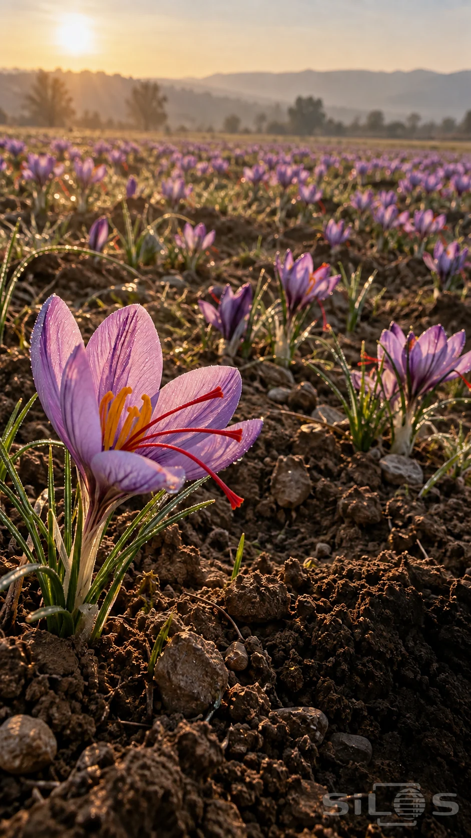 Purple saffron flowers grow from rough soil, with dark petal veins, red stigma threads and narrow green leaves.