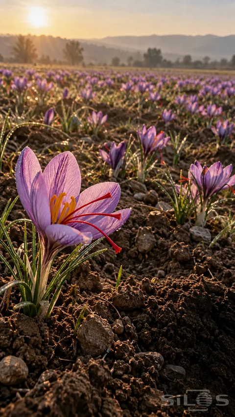 Purple saffron flowers grow from rough soil; with dark petal veins; red stigma threads and narrow green leaves.