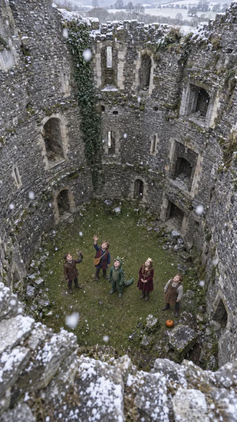 Five fully dressed children in medieval and dragon costumes stand separately on grass and look up at snow inside a ruined round keep.