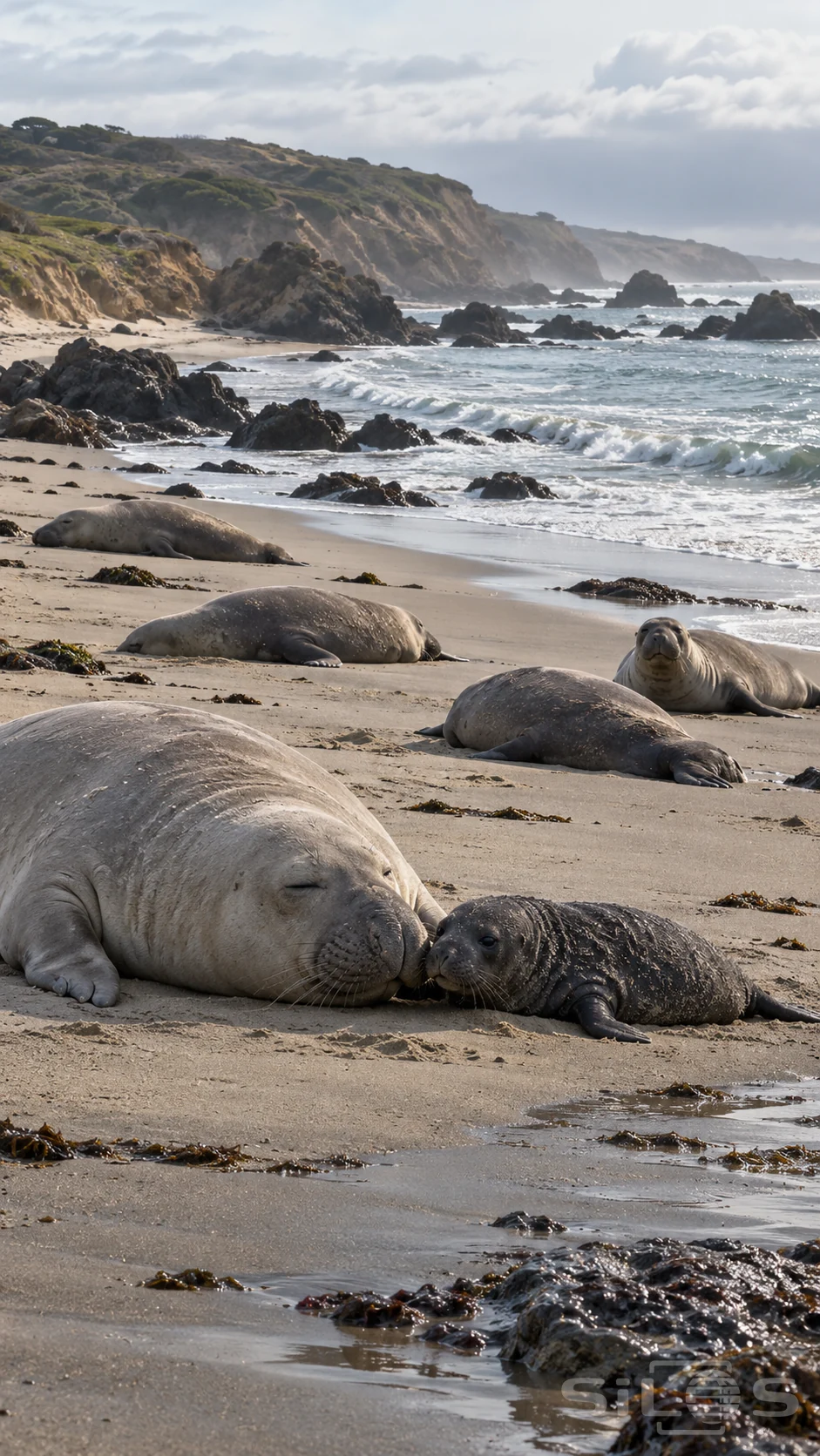 Elephant seals rest along a sandy cove below a coastal bluff while an adult and dark pup touch muzzles beside silver surf.