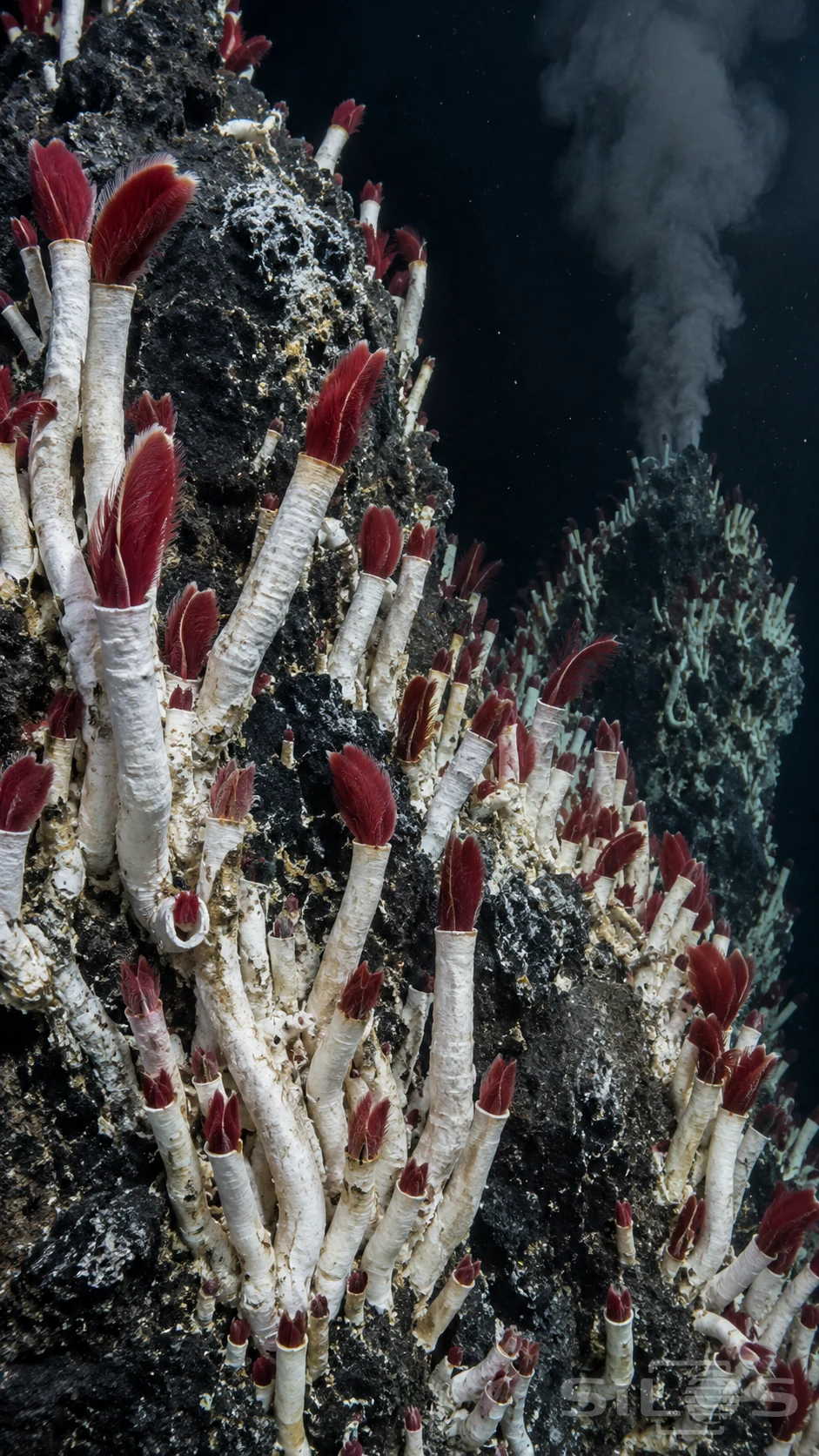 A tubeworm colony with ivory tubes and crimson plumes covers a dark mineral chimney beside a rising gray vent cloud.