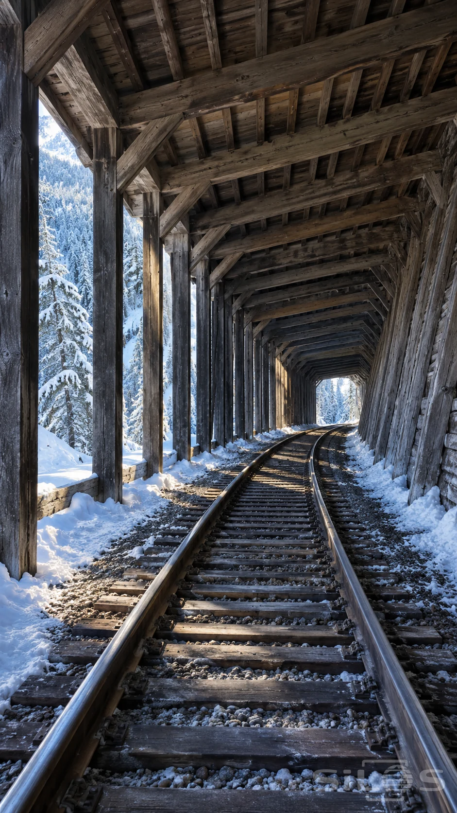 A timber snow shed frames two curving winter rails beneath heavy beams with snow and pine forest visible between the posts.