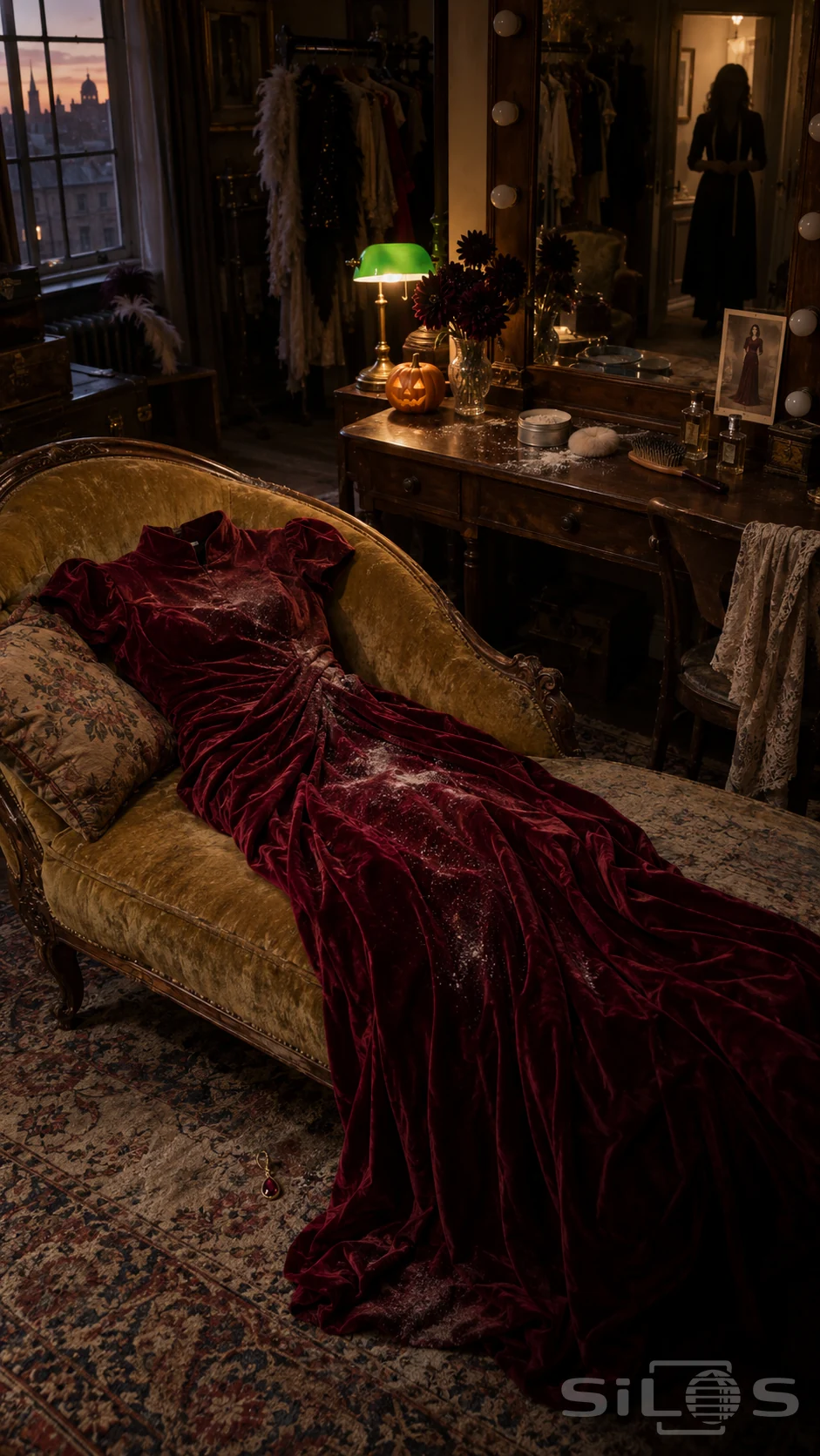 An empty high-collared crimson velvet gown lies on a gold chaise beside an earring, with a green lamp and old portrait at the mirror.