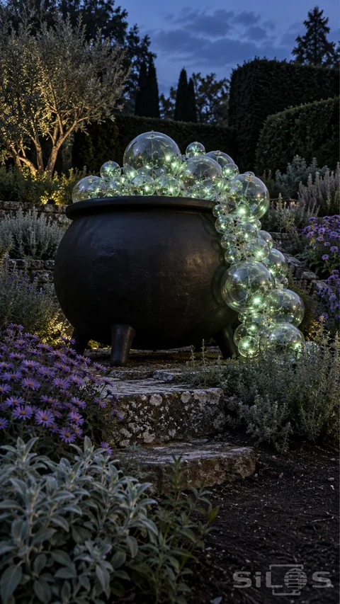 A black cauldron holds glowing clear ornament bubbles that cascade over one side beside stone steps; purple asters and silver herbs.