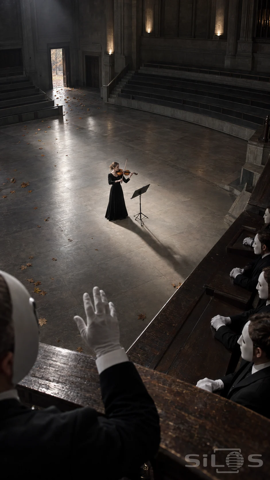 A violinist stands on an empty stone hall floor below five masked judges with a raised white-gloved hand close to the viewer.