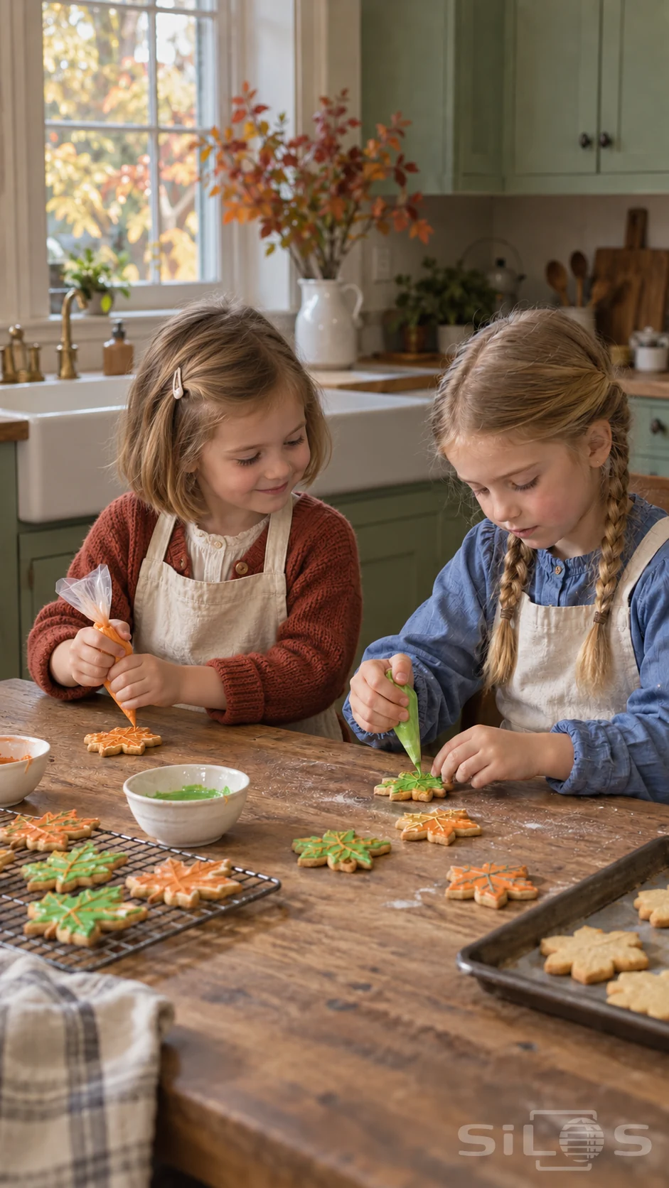 Two sisters enjoy cookie decorating at a wooden table, the younger smiling toward her sister while holding orange icing over a leaf-shaped biscuit.