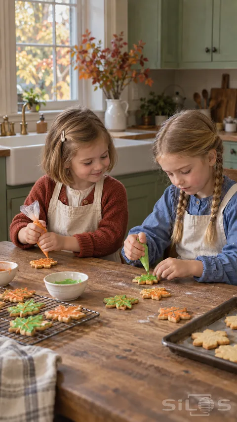 Two sisters enjoy cookie decorating at a wooden table; the younger smiling toward her sister while holding orange icing over a leaf-shaped biscuit.