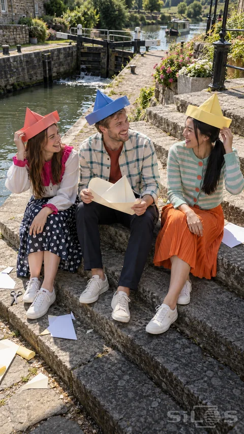 A paper hat gathering with three adult friends in colorful folded boat hats making another hat on stone steps beside a canal.