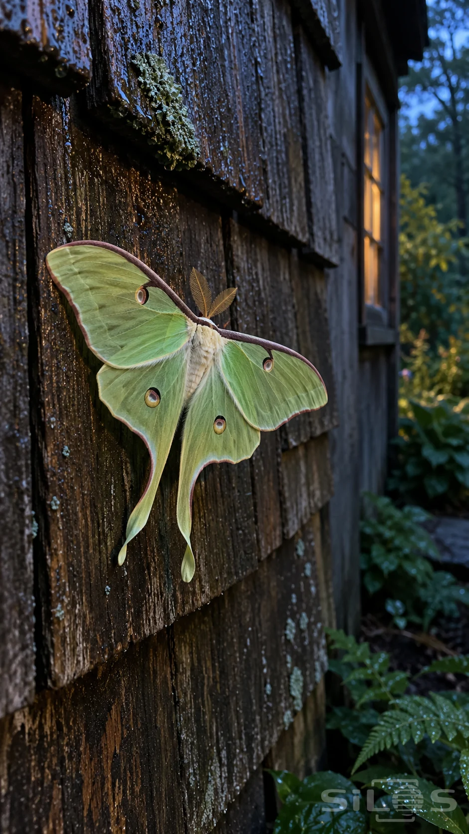 A luna moth spreads pale green wings on wet cedar shingles beside lichen and a softly glowing garden-shed window at dusk.