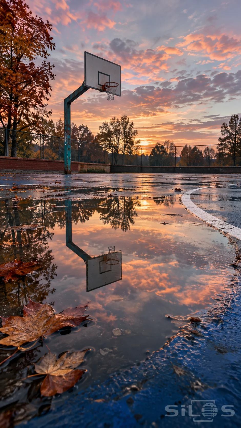 Rainy basketball court with a sunset puddle reflection, weathered turquoise hoop support and fallen maple leaves.