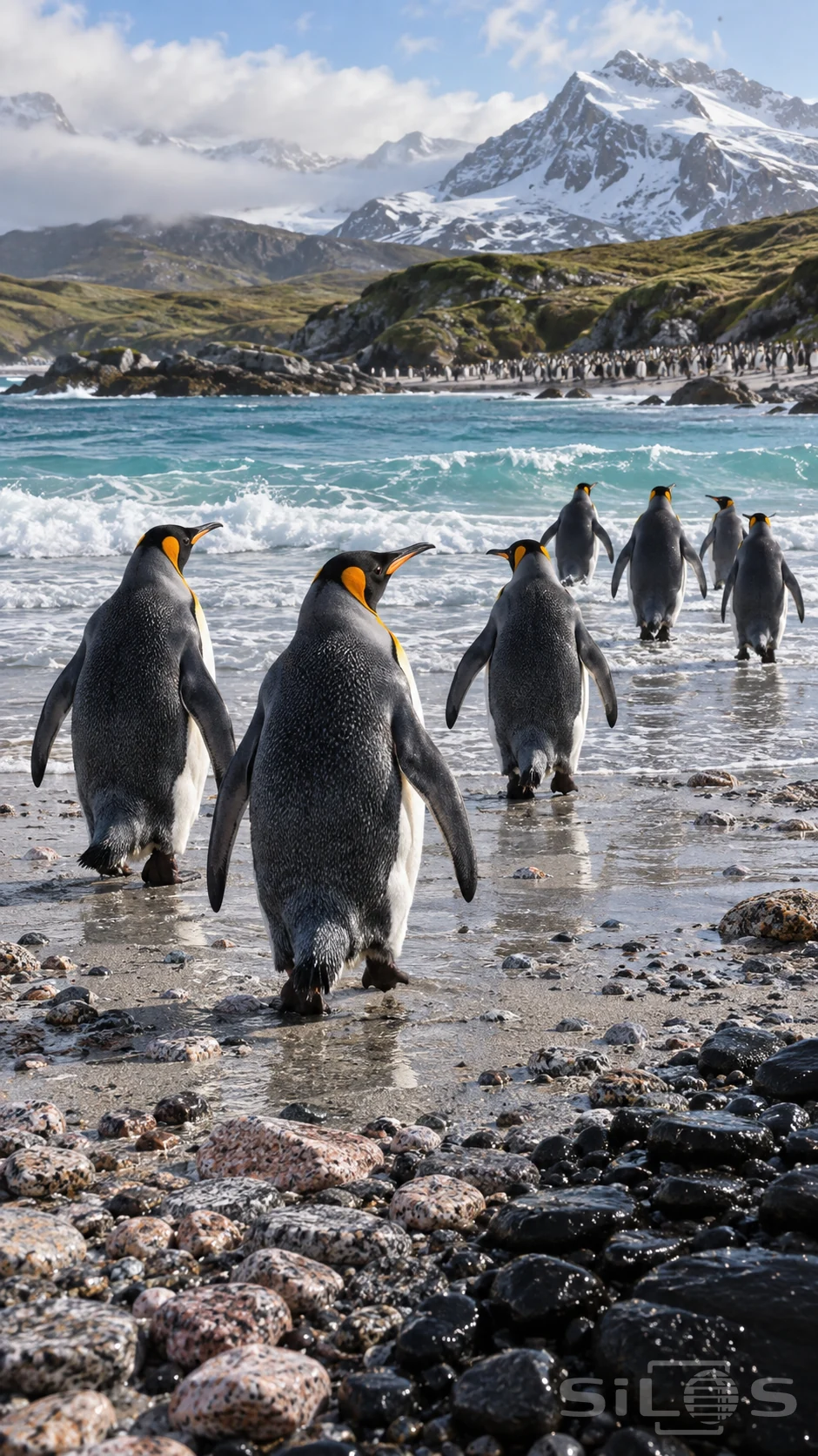 King penguins with orange neck patches walk over a pebble beach toward turquoise water and a distant colony.