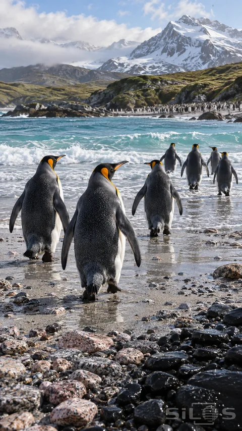 King penguins with orange neck patches walk over a pebble beach toward turquoise water and a distant colony.