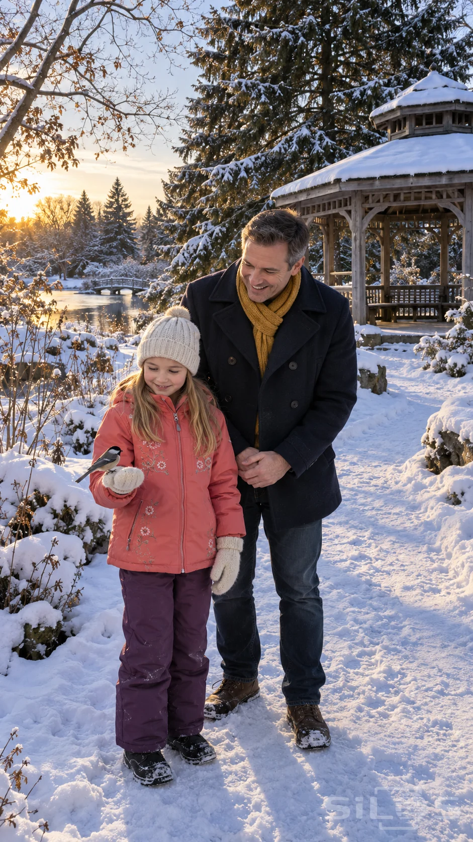 A chickadee perch on a girl’s cream mitten draws her father’s smile beside a snowy gazebo and winter pond.