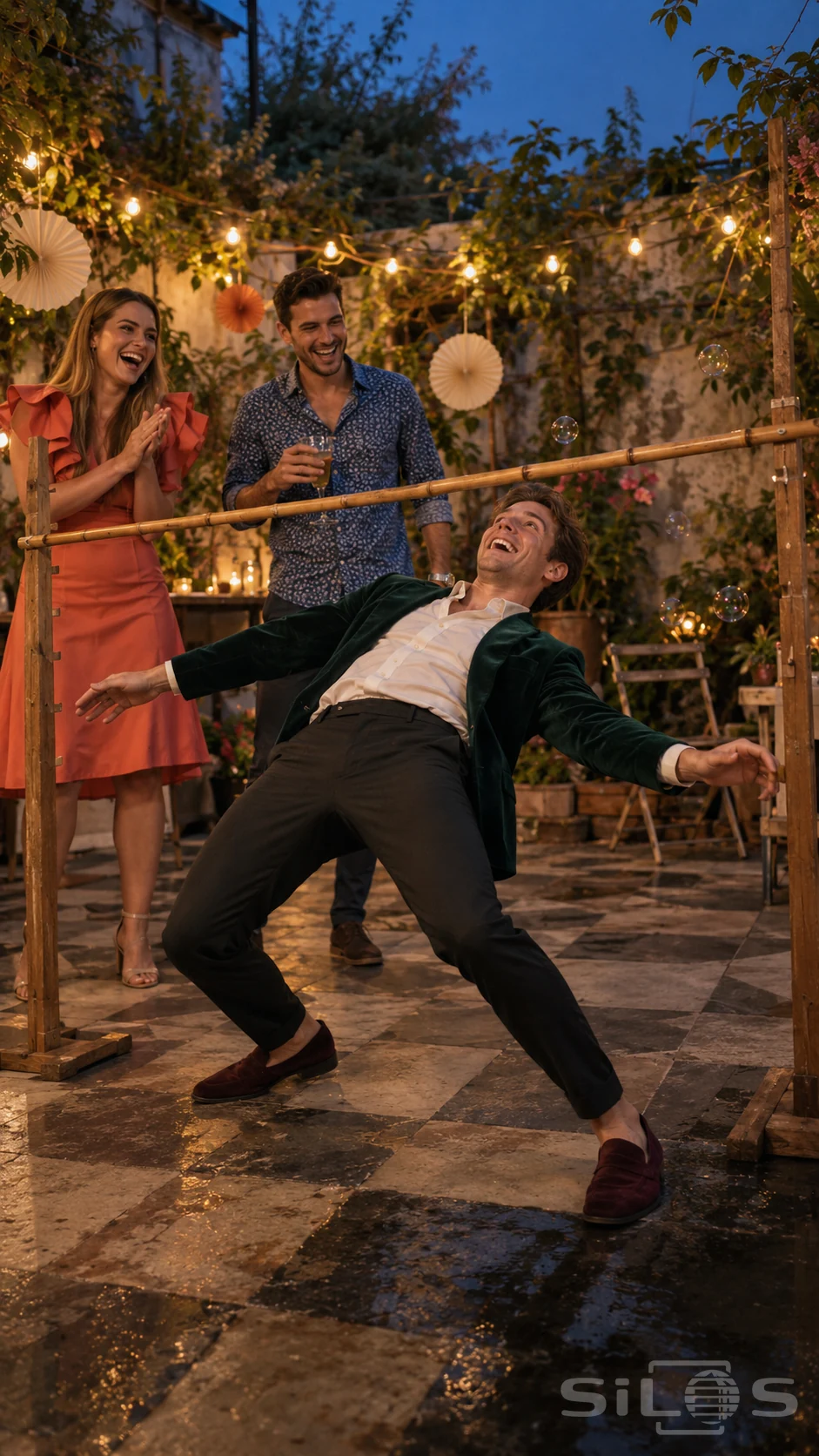 Velvet jacket limbo with a man leaning beneath a bamboo pole as two friends laugh among paper fans and courtyard lights.