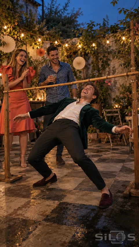 Velvet jacket limbo with a man leaning beneath a bamboo pole as two friends laugh among paper fans and courtyard lights.