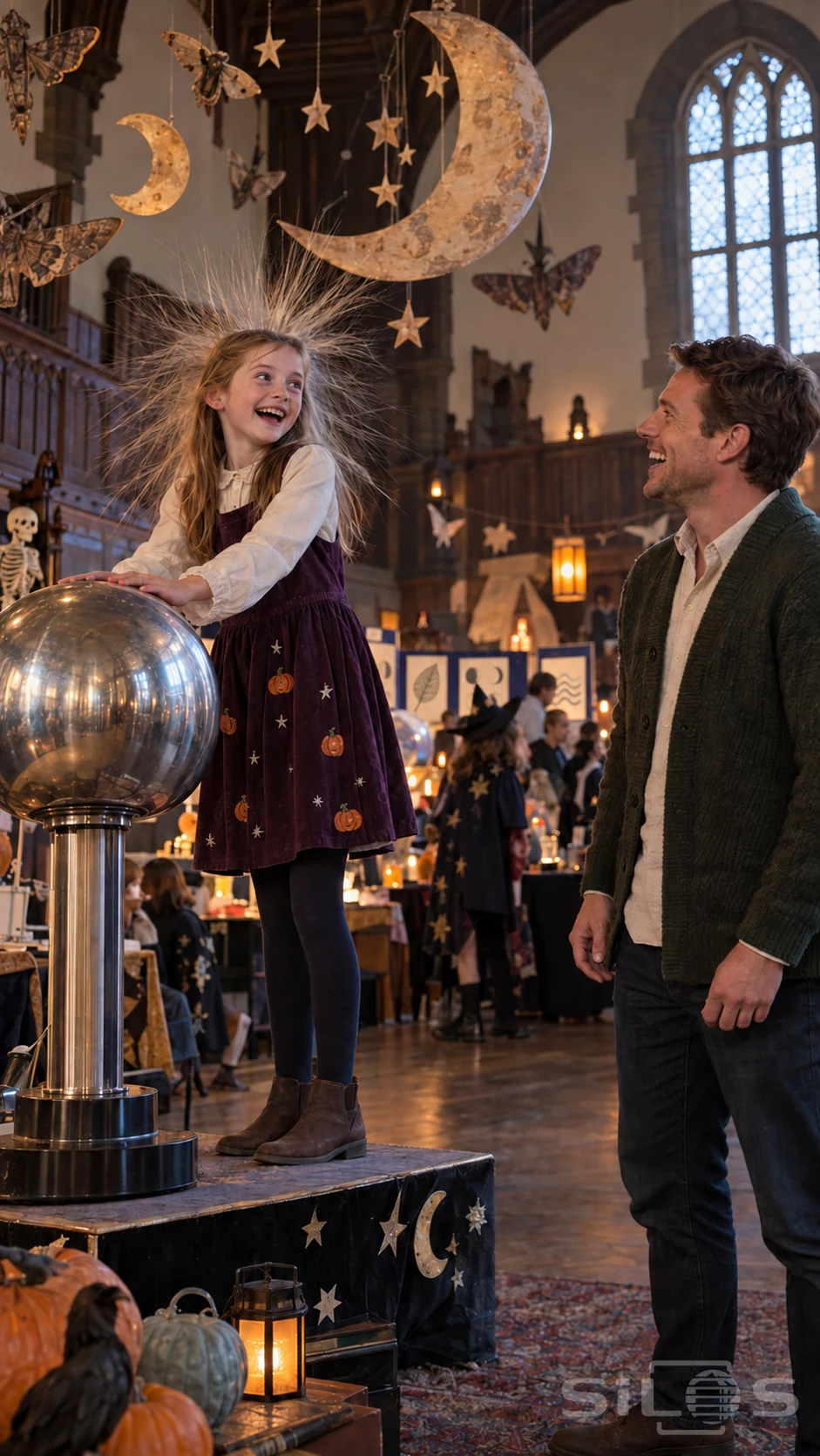 A static hair experiment makes a girl's hair stand up as she touches a polished metal sphere beside her father at a Halloween fair.