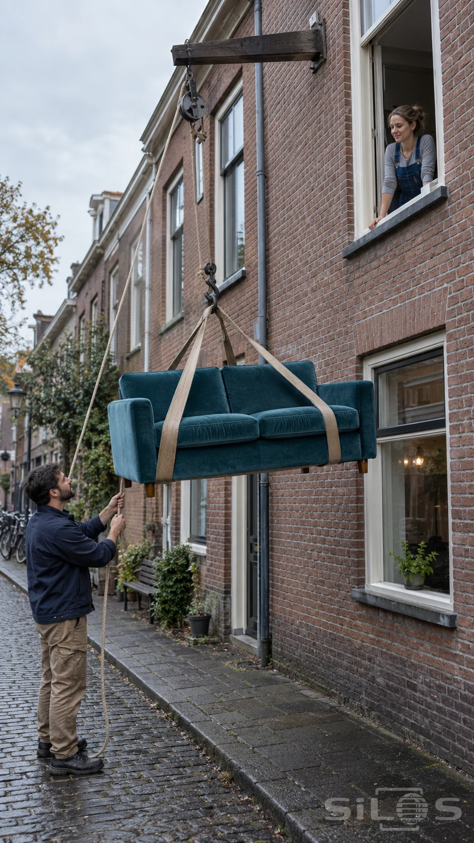 A sofa hoist raises a teal velvet sofa in taut webbing slings outside an open first-floor window in a brick facade.