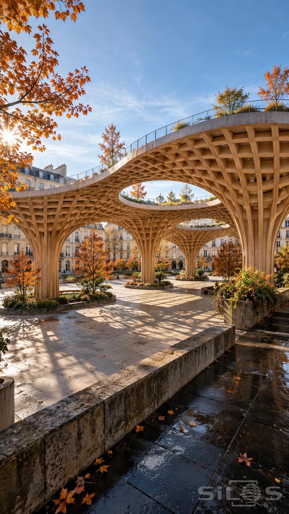 Flared timber columns support a curved grid canopy with round openings and an upper walkway above an autumn garden square.