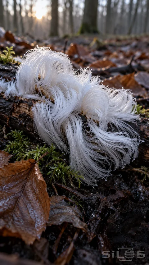 Hair ice forms fine curled white filaments along a dark fallen branch surrounded by damp brown leaves and green moss.