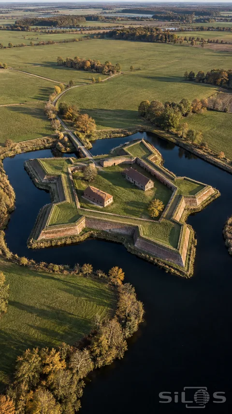 A star fort with angular grass ramparts and low brick walls sits inside a dark moat; with two red roofed buildings in its courtyard.