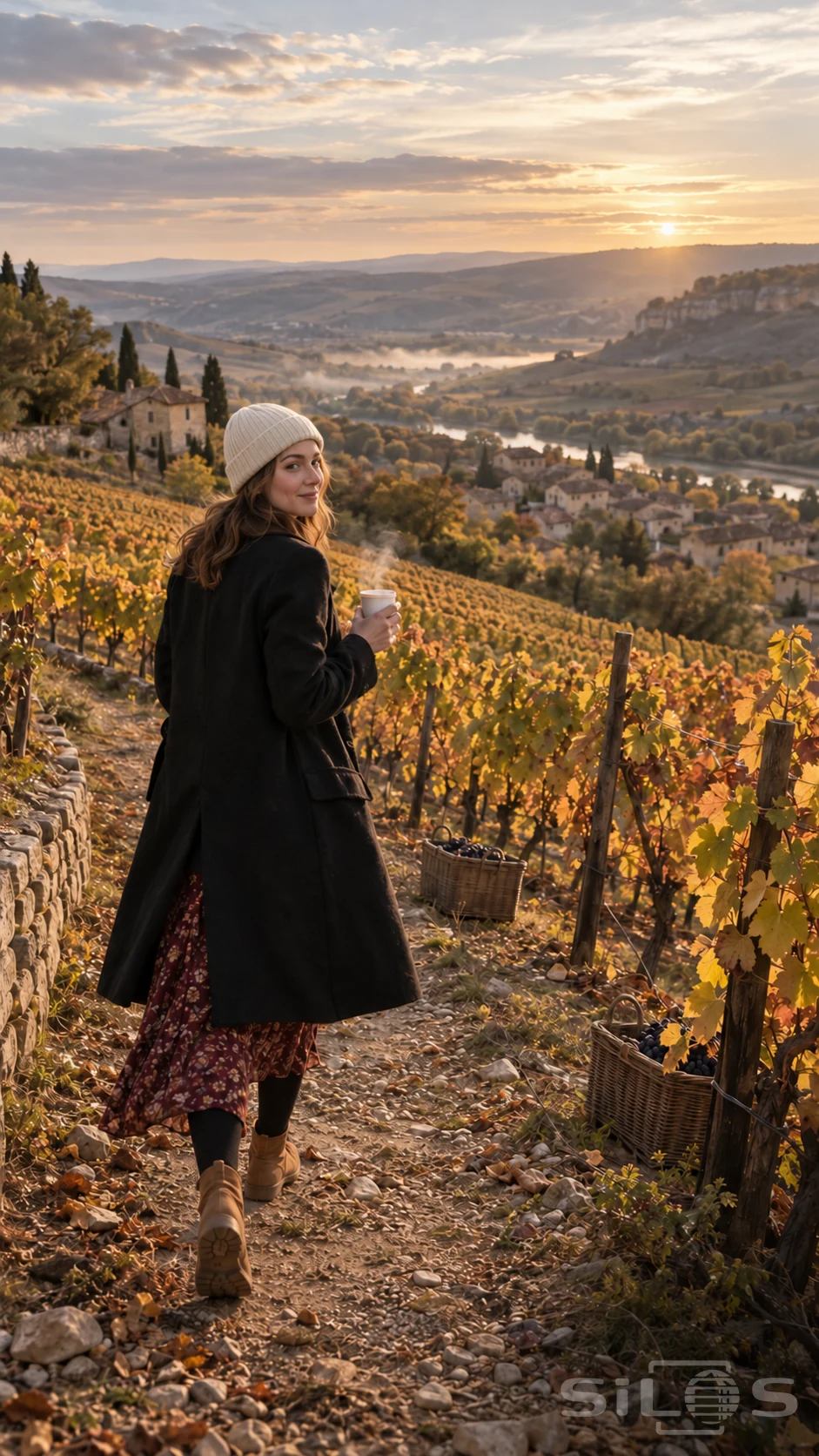 An autumn vineyard walk with a woman in a white beanie, black coat and patterned burgundy skirt above golden vines and a misty valley.