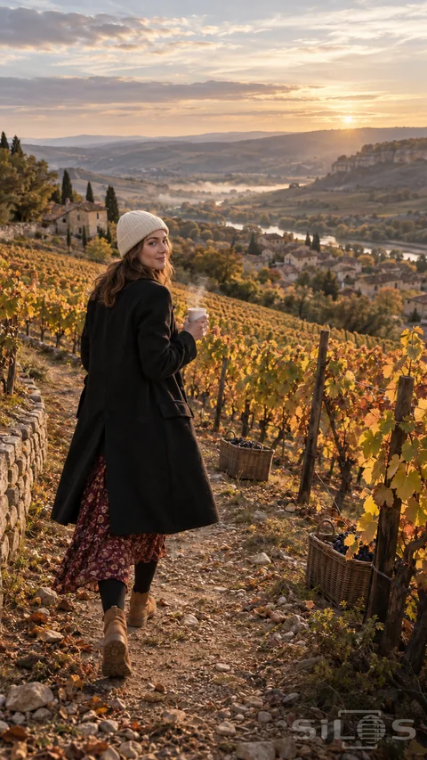 An autumn vineyard walk with a woman in a white beanie; black coat and patterned burgundy skirt above golden vines and a misty valley.