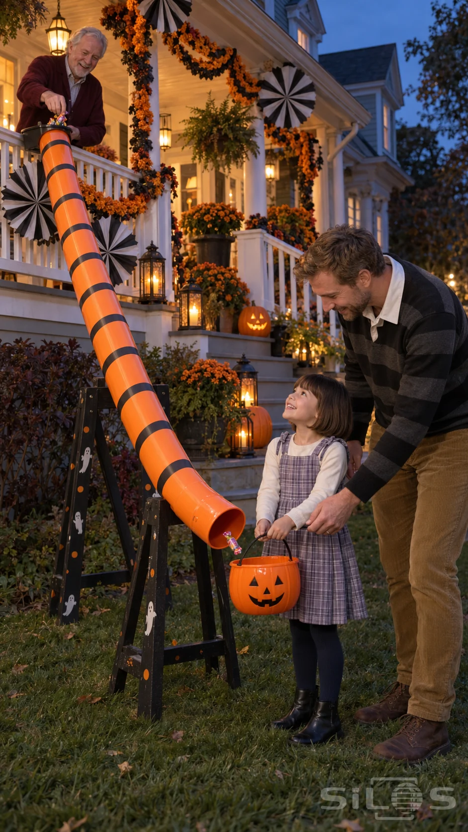 Halloween candy chute dropping a wrapped sweet toward a girl’s pumpkin pail while her father and the porch host smile