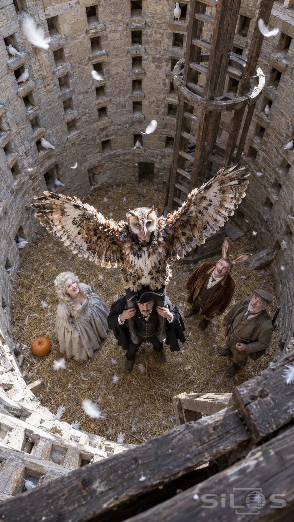An owl-costumed adult spreads wings from a highwayman's shoulders inside a round stone dovecote with three companions below.