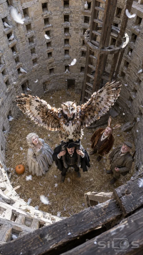 An owl-costumed adult spreads wings from a highwayman's shoulders inside a round stone dovecote with three companions below.
