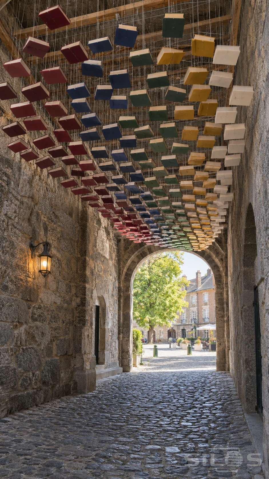 Suspended books hang on fine wires above a stone passage with a wall lamp and a sunny square beyond.
