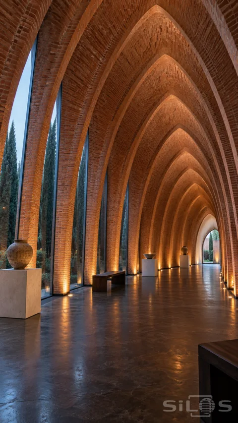 Long gallery of tall pointed terracotta brick arches with narrow garden windows; warm floor lights; ceramic vessels and dark benches.