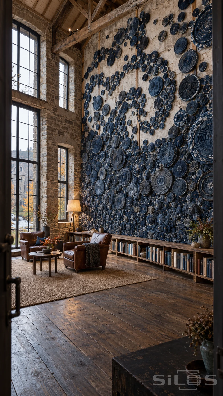 A towering wall of blue denim coils rises above bookshelves and two leather chairs in a stone reading room.