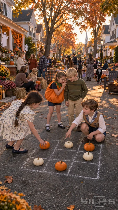 Four children plan their next pumpkin grid move on a decorated autumn street while neighbors gather beneath glowing porch lights.