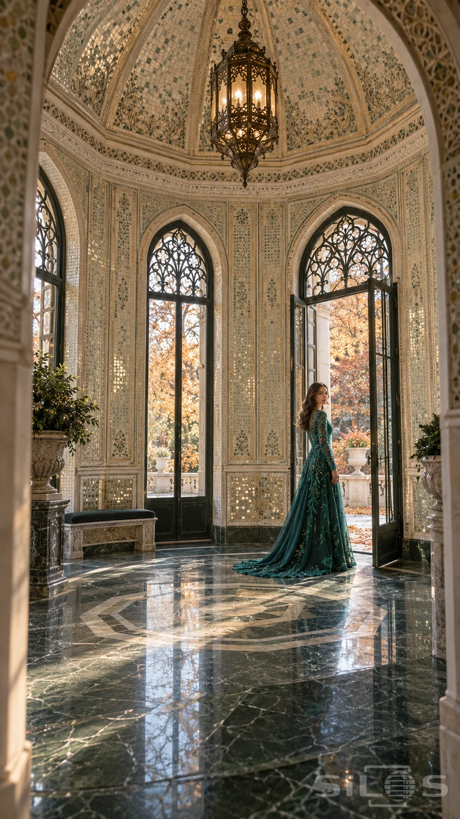 A woman in an emerald beaded gown stands by an open garden door in a tall mosaic salon with a bronze lantern.