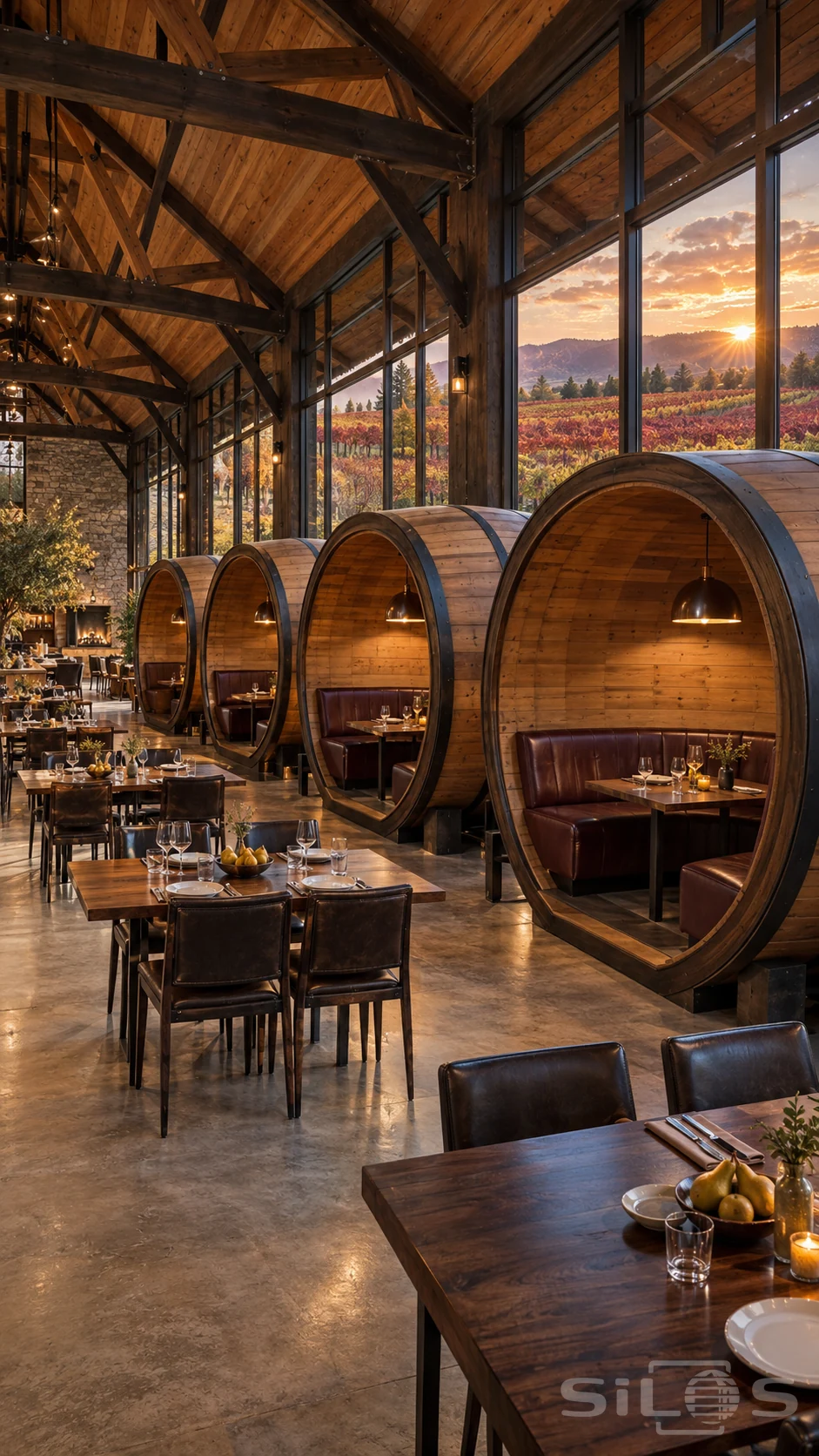Circular timber dining booths with dark leather benches inside a high vineyard restaurant at sunset