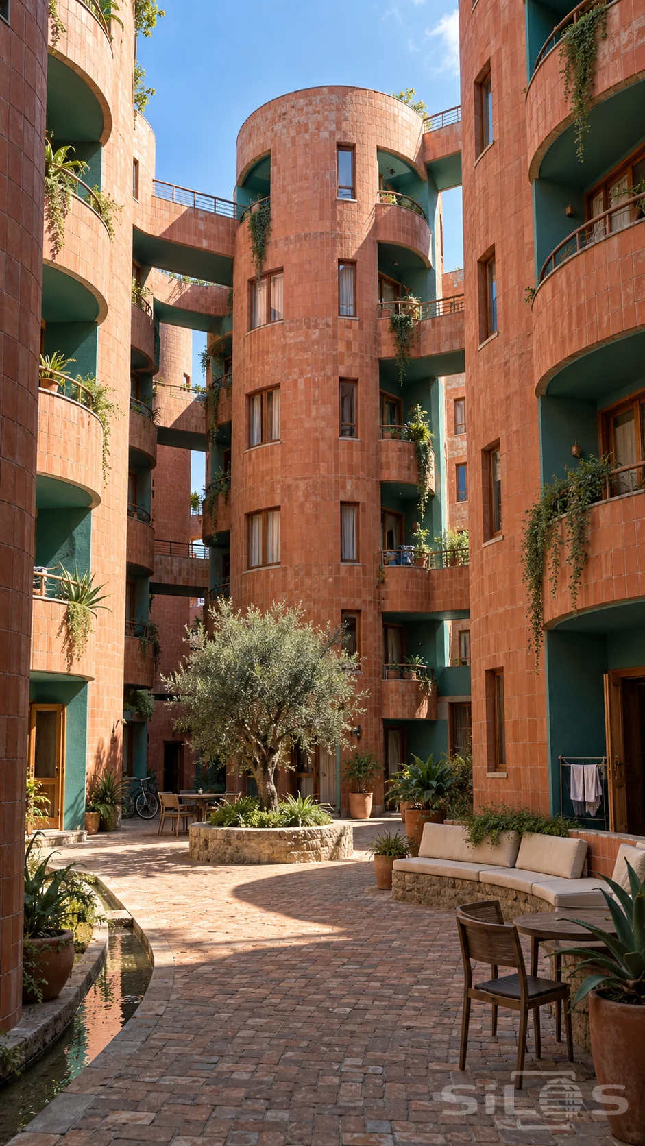 Rounded terracotta apartment towers connect by short bridges above a courtyard with an olive tree, tables, bench and narrow water channel.
