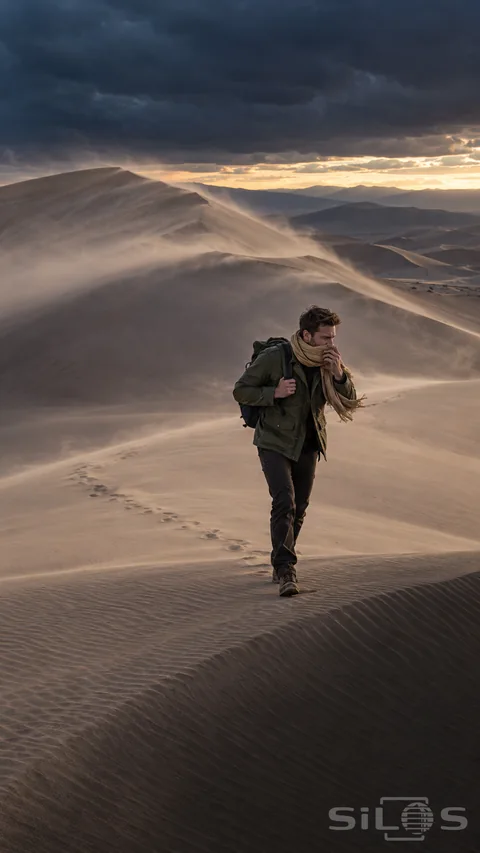 A walker holds a tan scarf against the dune wind; crossing rippled sand below a dark cloud ceiling and a pale gold horizon.