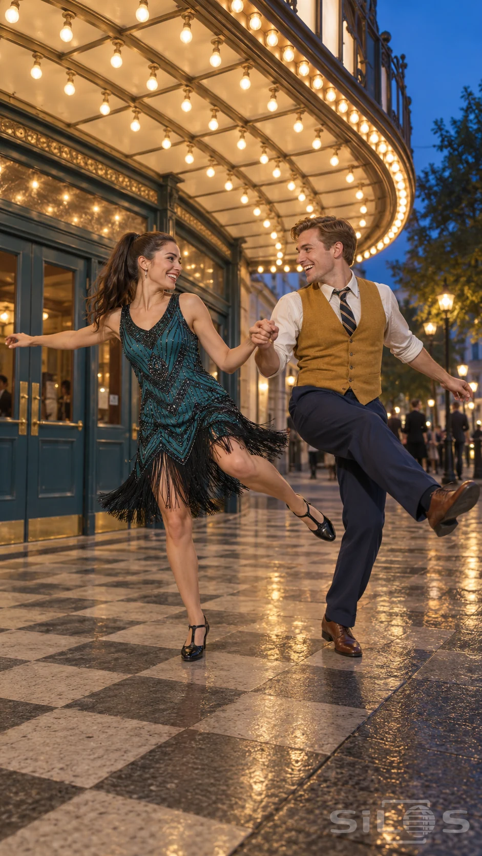 A woman in a teal fringe dress and a man in a mustard waistcoat share a swing dance step beneath a lit cinema canopy.