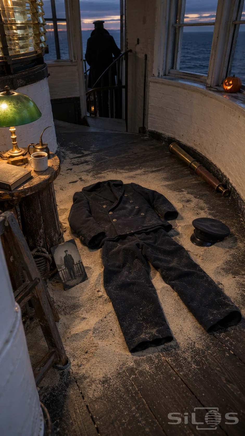 Empty dark keeper uniform and cap in a sand drift on lighthouse floorboards, with an old photograph, telescope and stair silhouette.