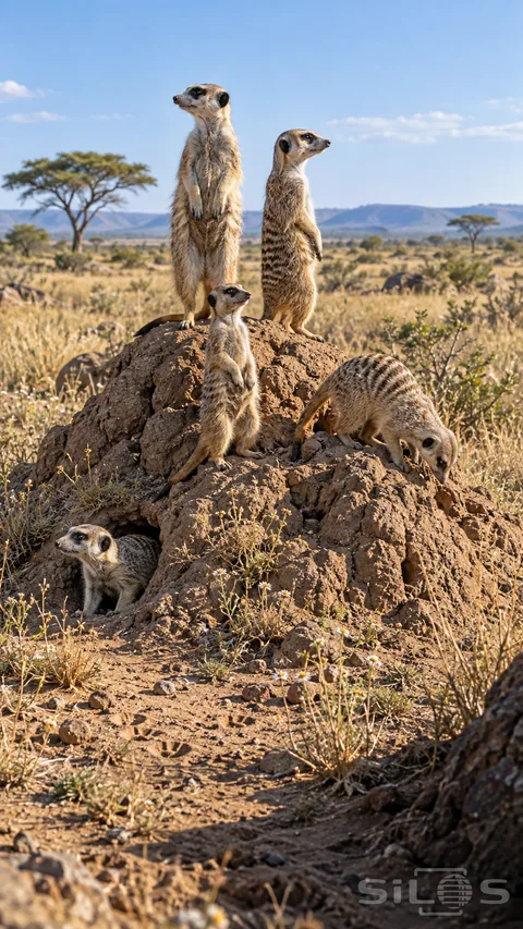 Five meerkats stand; crouch and emerge around a dry termite mound; with tawny grass and distant scrub.