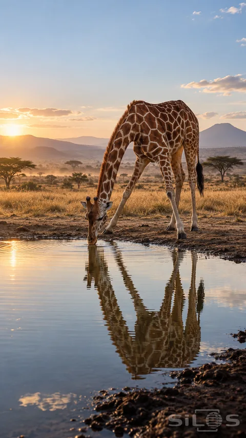 A giraffe spreads its front legs and lowers its neck to drink; reflected in a waterhole beside dry savanna grass.