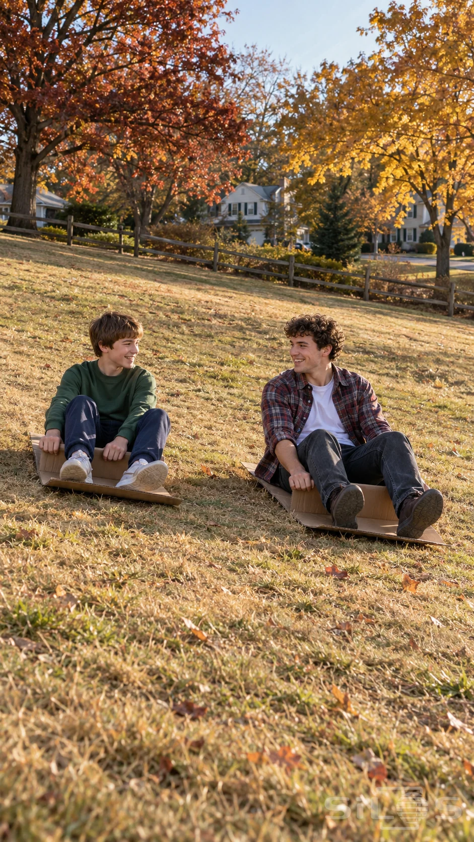 Two brothers ride separate cardboard sleds down a grassy hill beneath golden trees in an autumn neighborhood.